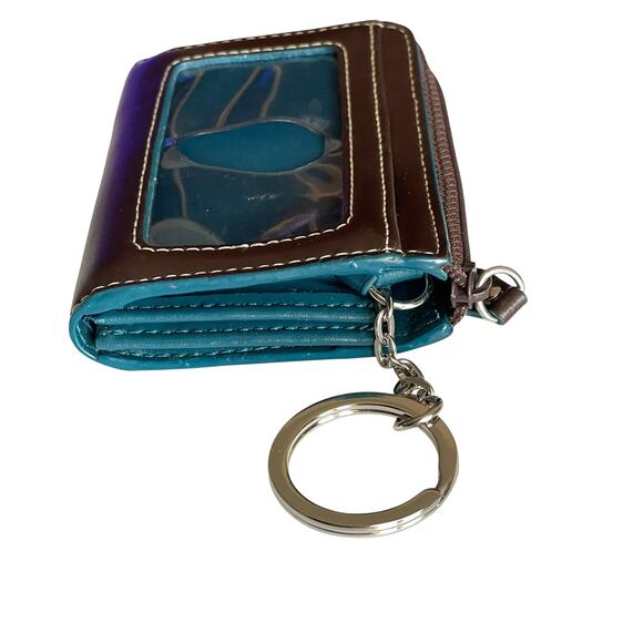 Lodis Brown & Teal Leather Credit Card Wallet with Key Ring Zip Around - Picture 3 of 6